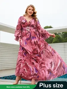 [Plus Size] All Over Print Chiffon Dress, Wedding Guest Gown, Elegant Long Sleeve V Neck Dress for Party Holiday Wedding Guest, Women's Clothes for All Seasons, Casual