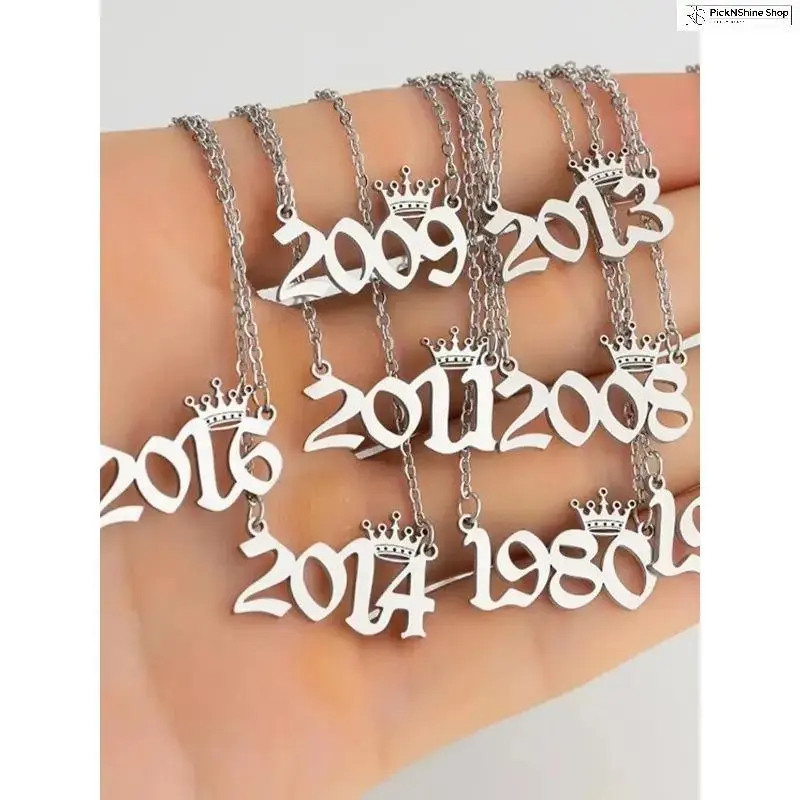 1980-2025 Birth Year Necklace with Crown for Women and Men, Silver Tone Number Pendant Necklace, Personalized Style Year Jewelry for Birthday, Anniversary, Graduation, Y2K Outfit and Meaningful Gift for Friends Family