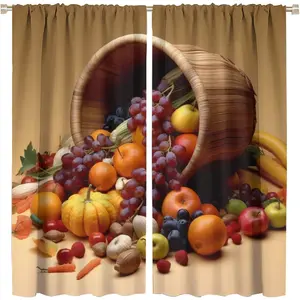 Kitchen Fruit and Vegetable Curtains, Colorful Art Style Fruit Color Vintage Set Organic Style Food Vegan Pattern, Window Curtains 2 Panels Set Kitchen Cafe Decor Interior Decoration Accessories Home Textile