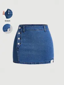 Women's Denim Skirt, Fashionable Elegant Casual High Waist Short Jean Skirt, High Stretch Side Button Split Slim Fit Dress