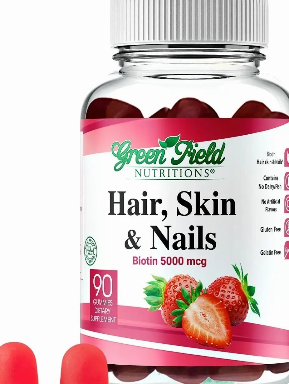 Greenfield Nutritions - Halal Biotin Gummies Vitamin for Hair, Skin and Nails, Supports Fat Metabolism, Hair Growth, Strong Nails & Clear Skin, Gelatin Free, Non-GMO, and Gluten Free - 90 Gummies