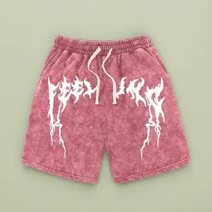 Men’s summer athletic shorts with unique printed patterns, washed distressed cotton fabric; casual loose fit with a drawstring waist and pockets. Retro street style from the 2000s—ideal for running, golf, fishing, basketball, camping, gym workouts, swimmi