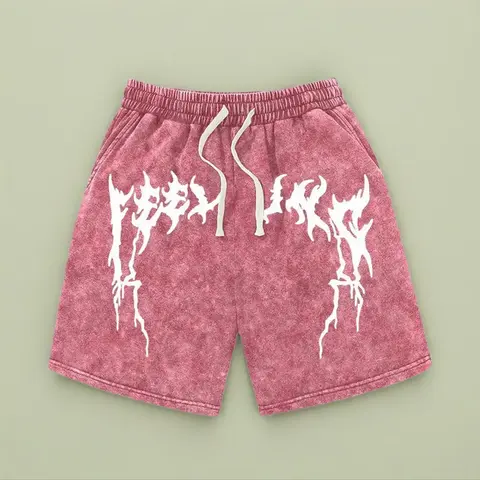 Men’s summer athletic shorts with unique printed patterns, washed distressed cotton fabric; casual loose fit with a drawstring waist and pockets. Retro street style from the 2000s—ideal for running, golf, fishing, basketball, camping, gym workouts, swimmi