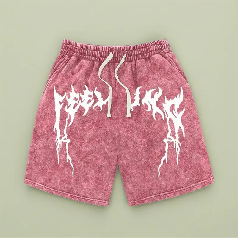 Men’s summer athletic shorts with unique printed patterns, washed distressed cotton fabric; casual loose fit with a drawstring waist and pockets. Retro street style from the 2000s—ideal for running, golf, fishing, basketball, camping, gym workouts, swimmi