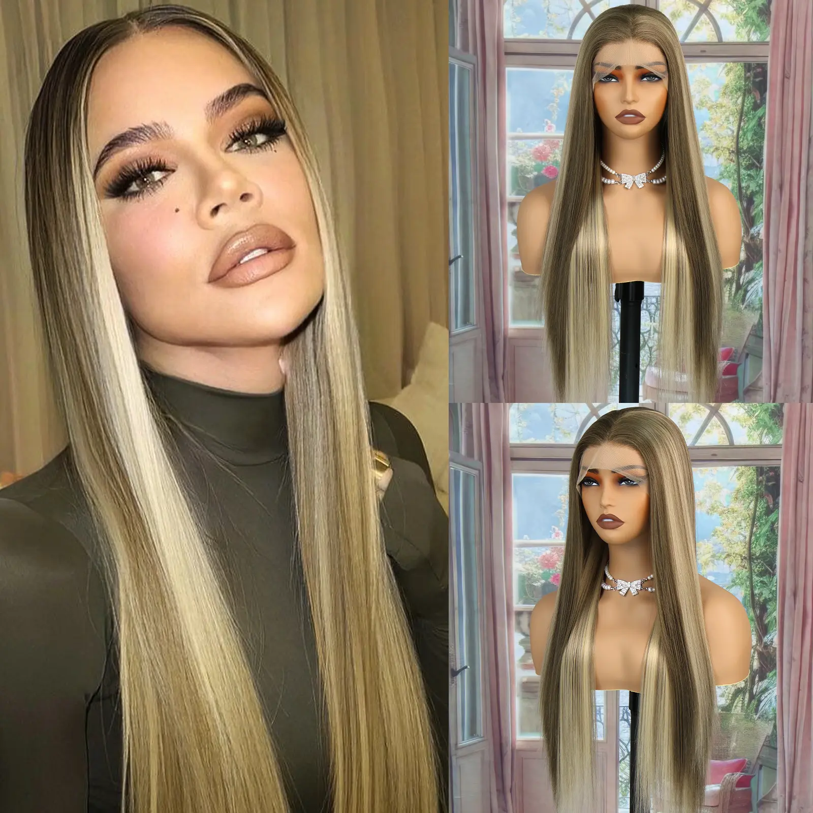 Synthetic Lace Front Wigs for Women, Long Straight Ombre Highlight, High-Temperature Fiber, Glueless 13x4 HD Transparent Free Part, Breathable, Heat Resistant Wig, Medium (21-22.5), Straight Hair, Free Parting