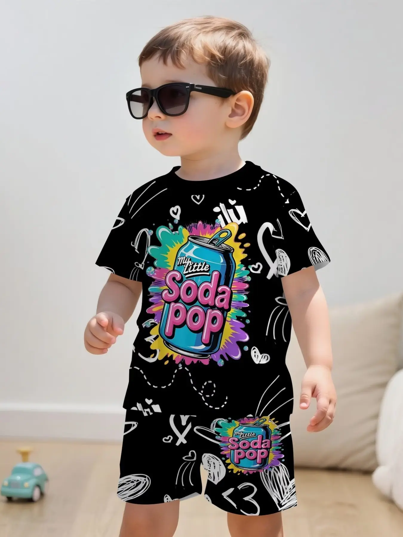 Boys Creative Colorful Pattern 3D Print Design, Summer Short Sleeve Hoodie and Gym Shorts Set, Sports Set, Casual Fitted Clothing Gift, Clothes Kids