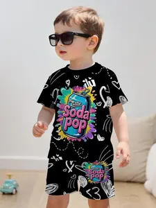 Boys Creative Colorful Pattern 3D Print Design, Short Sleeve Hoodie and Gym Shorts Set, Casual Fitted Clothing Gift