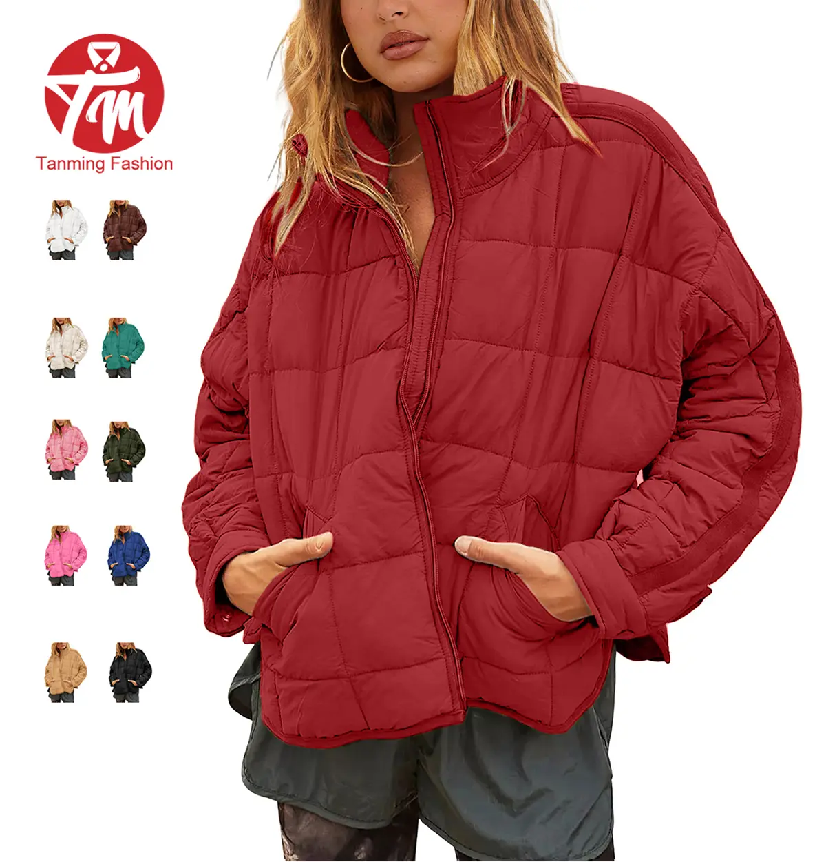 Tanming Womens Lightweight Quilted Puffer Jacket Stand Collar Zip Up Oversized Coat Outerwear with Pockets Casual Fall Winter Work School Vacation Outfits Clothing