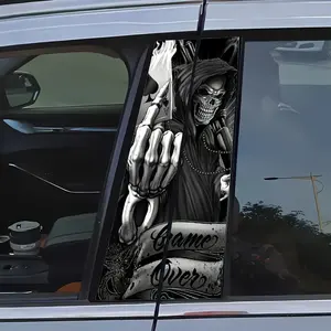 2pcs Fun & Stylish Car Center Pillar Stickers, Creative B-Pillar Protective Film, Skull Poker Ace A Car Decals, Universal For Cars