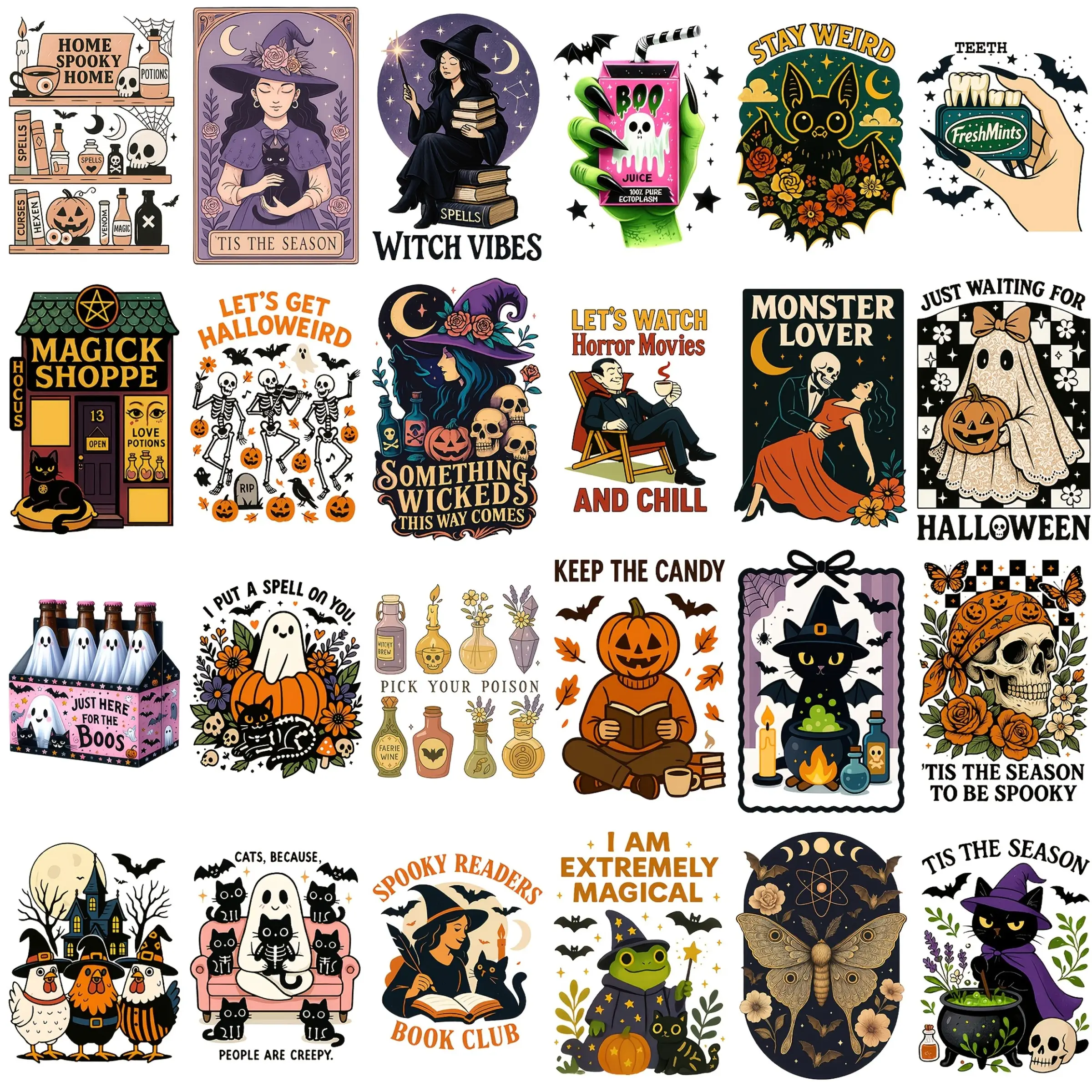 36pcs Halloween Heat Transfer Patches, DTF Vinyl Stickers, Witch Ghost Pumpkin Bat Spider Hat Designs, DIY Clothing Party Decor, Easy Apply, Craft Supplies