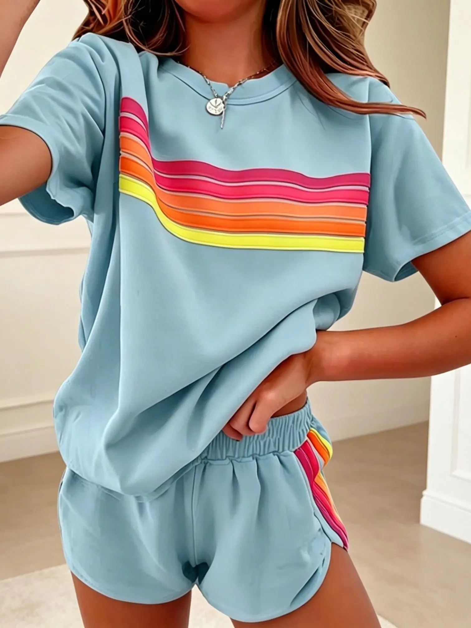 Tongudon Women 2 Piece Sets, Cute Retro Rainbow Stripe Crew Neck Lounge Outfit with High Waist Shorts, Soft Breathable Viscose Blend, Cute Sets For Women, Blue Matching Two-Piece Short & Top Sets, Chic Short & Top Sets