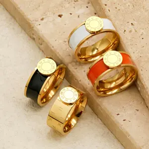 1Pcs Classic Stainless Steel Roman Digital Women’s Ring, Flat Tray Design with Gold, Black, White, Orange Four Color Options for Men and Women