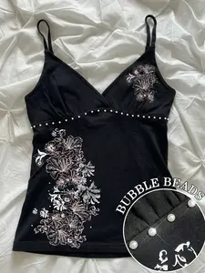 2026 New Summer Women’s Black Slim-Fit Spaghetti Strap Floral Print Camisole with Bubble Bead Embellishments, Y2K Vintage Sleeveless Tank Top