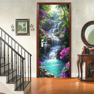 Vibrant Floral Art Door Decal, Self-Adhesive Wall Sticker, Modern Greenery Design, Waterfall and Pool Theme, Home Decor, Door Decorations