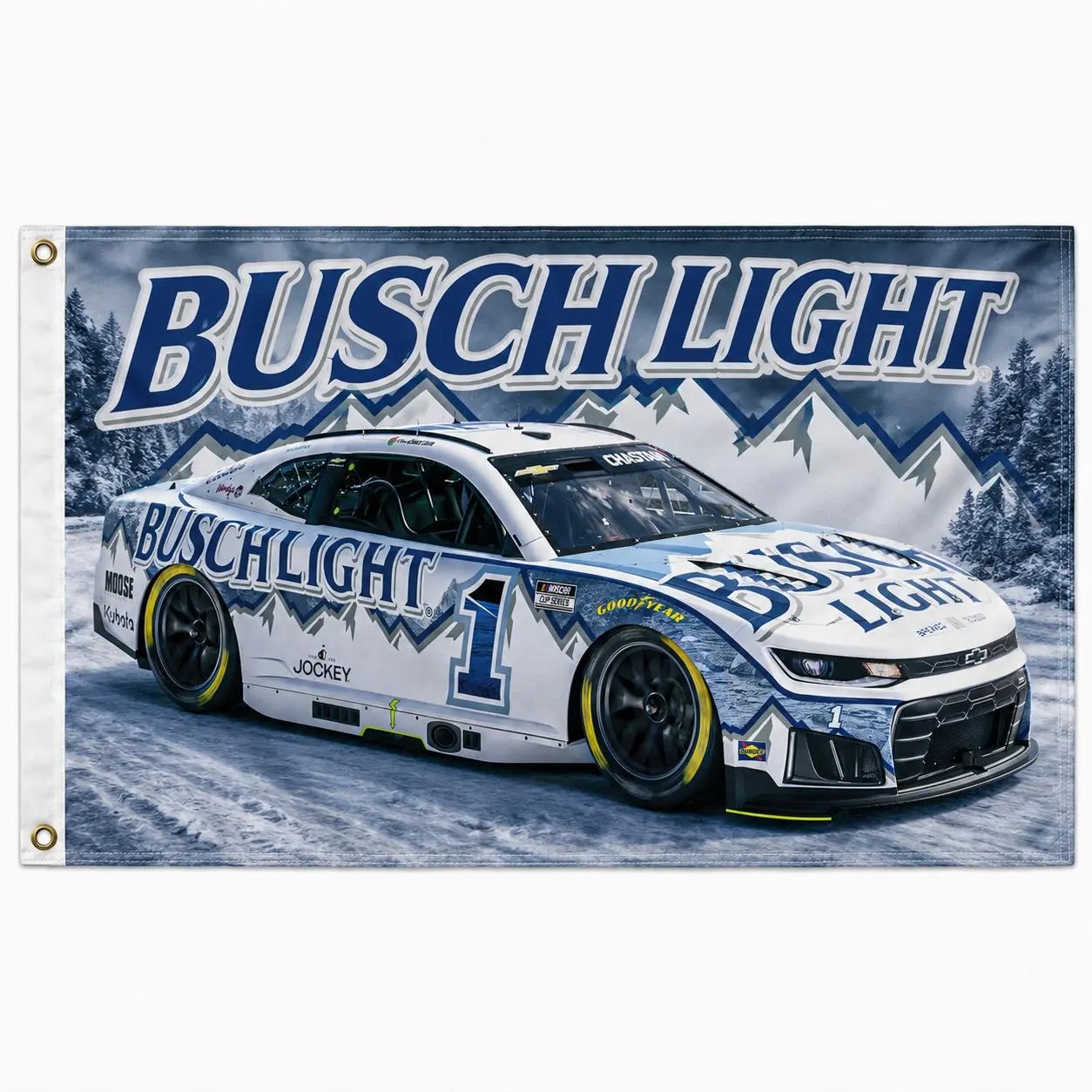 Busch Light Racing Car Flag 3x5 Ft, Snow Mountain Stock Car Polyester Wall Banner with Brass Grommets, Garage Man Cave Bar College Dorm Room Decor, Indoor Outdoor Party Gift for Busch Fans and Race Lovers USA