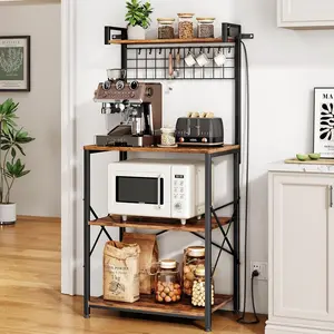 SNTD Bakers Rack with Power Outlet, Kitchen Shelves Microwave Stand with Wire Grid and 10 Hooks, 4 Tiers Coffee Stand