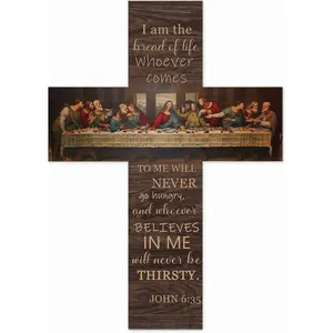 Inspirational Wooden Cross Wall Decor with Last Supper Scene and Bible Verses, Artificial Wood Home Decoration Plaque for Home and Office, Wooden Cross Decorations, Religious Home Decor