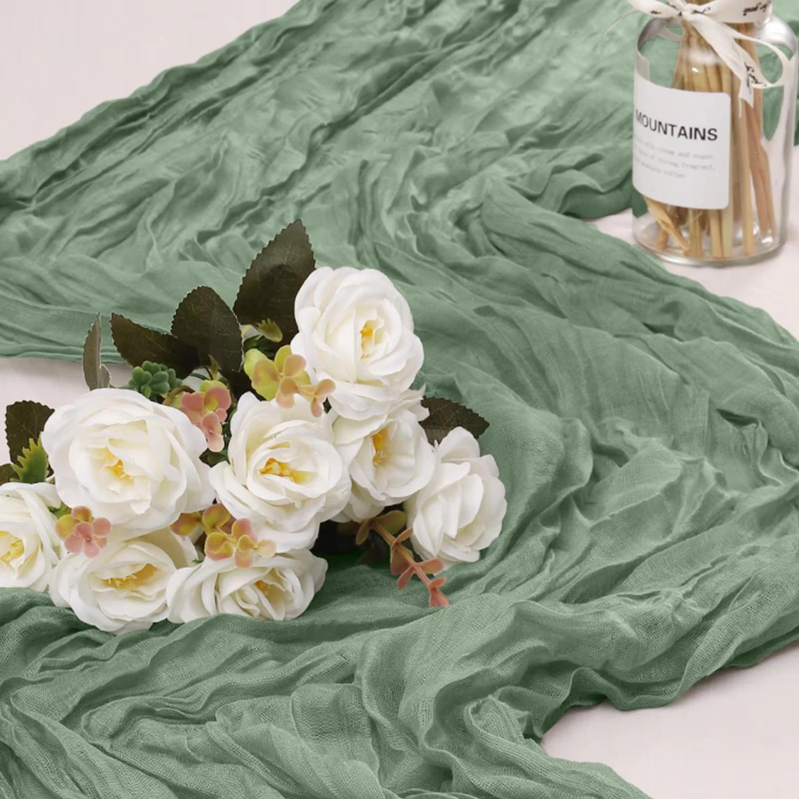 Bohemian style pleated gauze table runner with a French country vintage semi sheer design suitable for home decor wedding parties and holiday gatherings