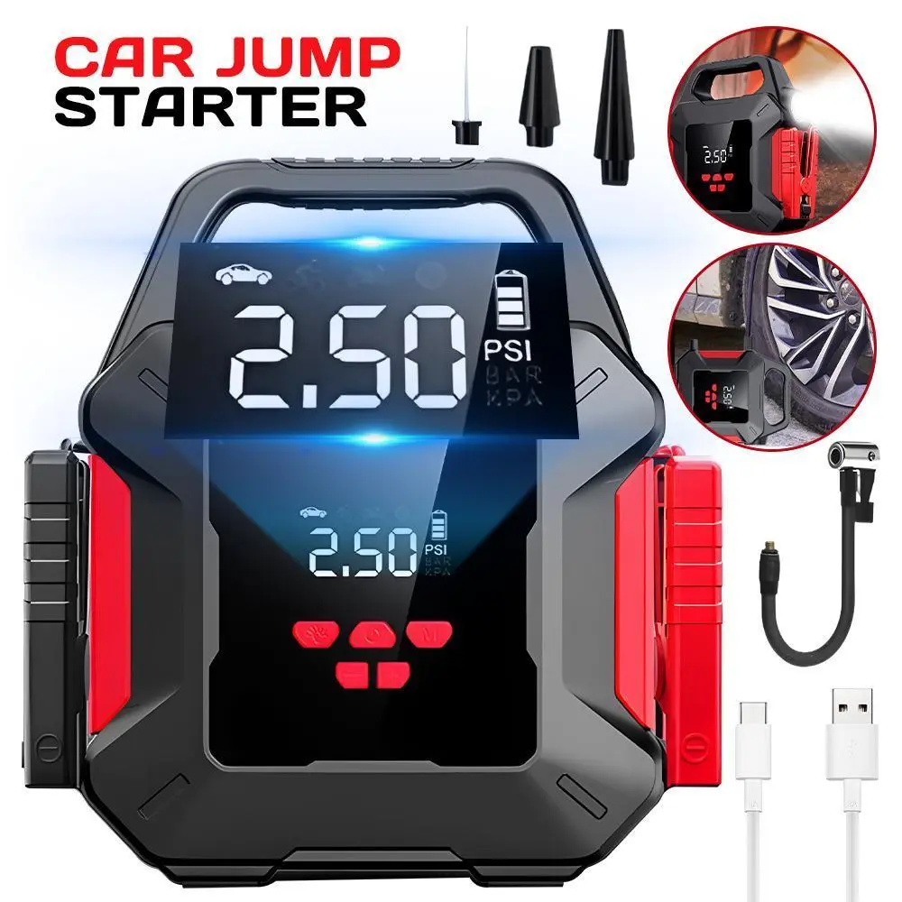 Smart Car Jump Starter with Air Compressor – Portable Battery Booster, 600A Start/1800A Peak, 95W Air Pump,with LED Screen for Car,Air Mattress ,E-Bike, Motorcycle, Up to 27.5Inch Tires