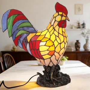Tiffany Style Stained Glass Rooster Table Lamp, Vintage Farmhouse Animal Accent Light