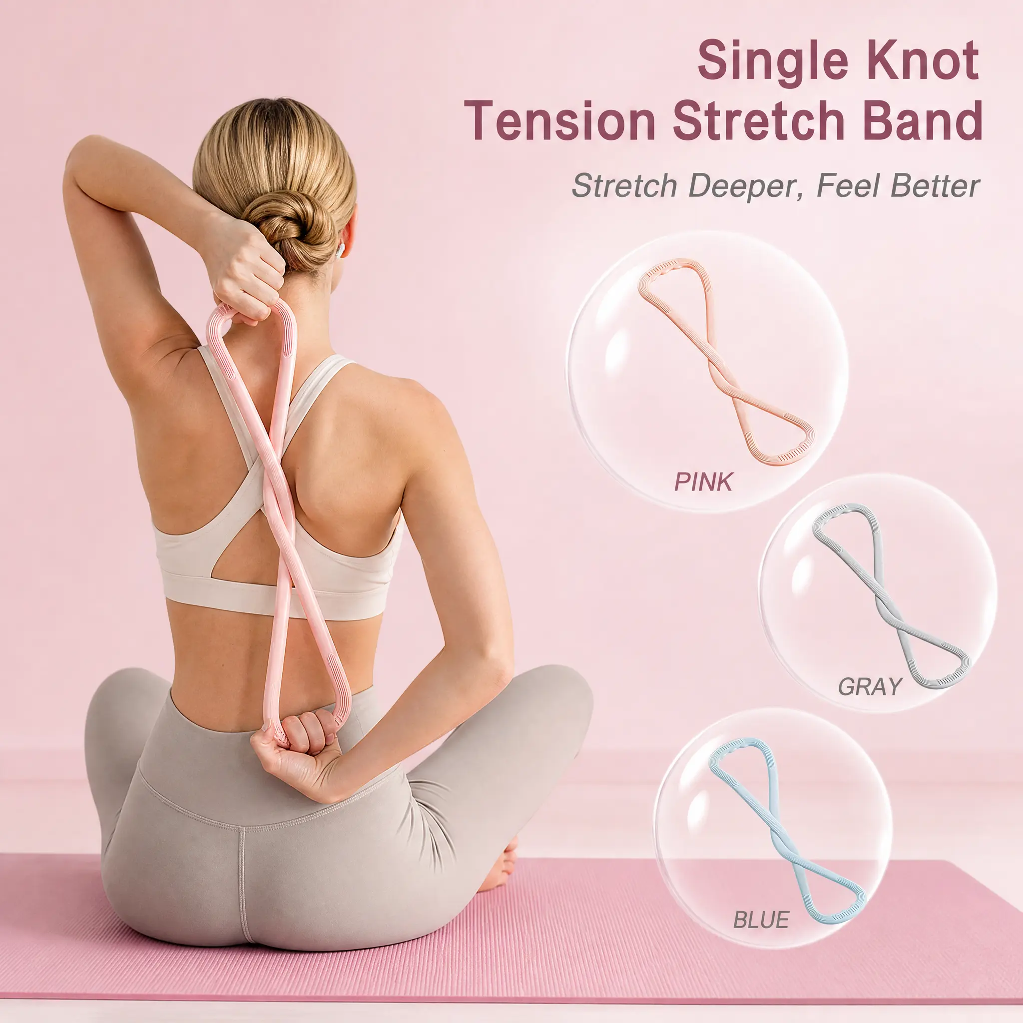 Figure 8 Resistance Bands with Comfort Handles Set of 3 | Soft Non-Slip Grip Yoga Pilates Home Workout Bands for Full Body Training (Light Blue, Peach, Gray)