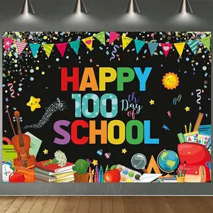 1PC Reusable Polyester 2D Flat Wall Hanging Backdrop - 100th Day of School Design with Colorful Supplies & Classroom Elements, Festive Ornaments, Party Decorations Banners for School Events