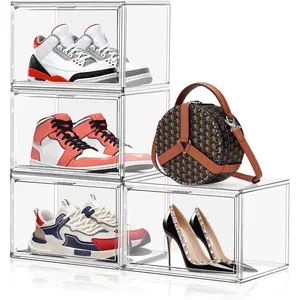 4 Pack X-Large Size 14 Clear Acrylic Shoe Boxes Handbag Storage Box Sneaker Display Case Shoe Containers with Magnetic Door Organizer for Closet