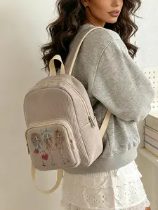 1 piece of 2D printed lady's backpack with fashionable character pattern, chenille texture + layered storage + light weight reduction | perfect for students to go to class/shopping/short trips | combines atmosphere with practicality