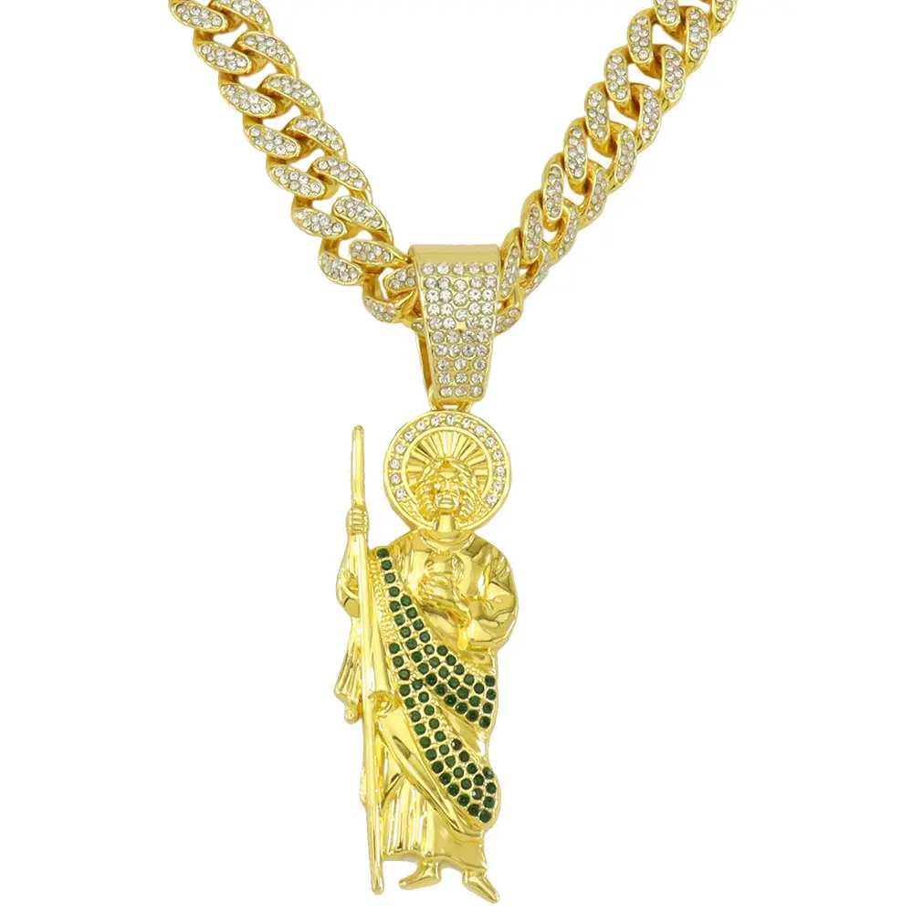 14K Gold-Plated Full Iced-Out Cuban Chain with San Judas / Saint Jude Pendant, Trendy Hip-Hop Stylish Men’s Necklace from Graceful Faith & Daily Luxury, perfect for all occasions and everyday wear