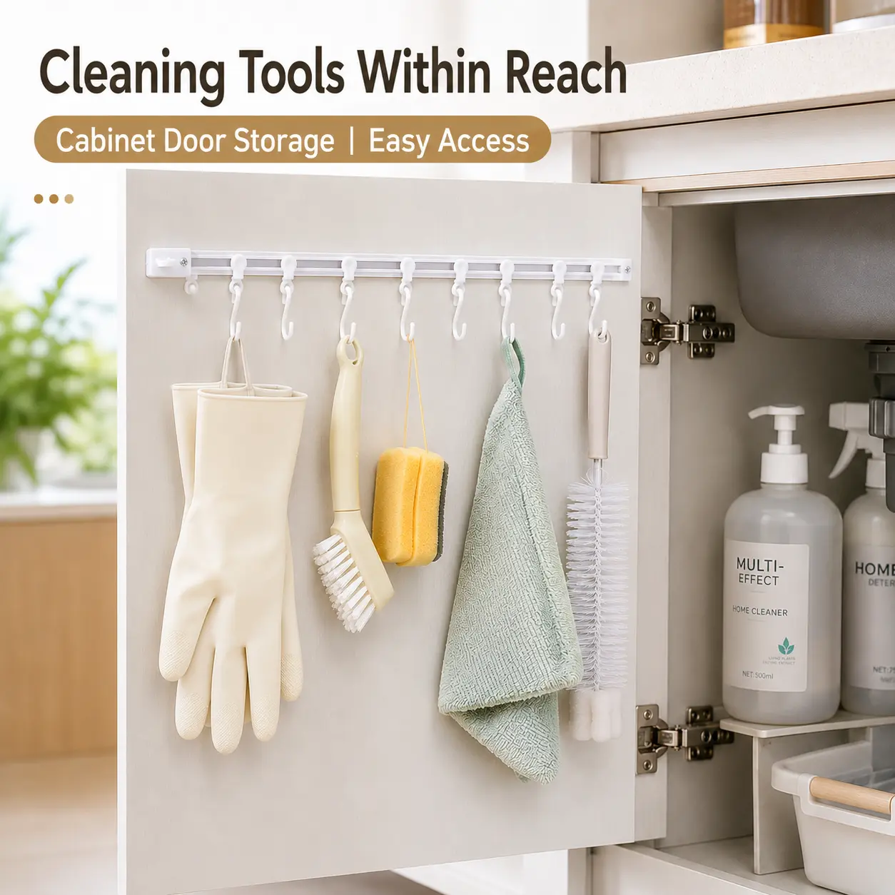 No-Drill Sliding Hook Rail with Adjustable Hooks, Adhesive Kitchen Utensil Organizer, Space-Saving Cabinet Door Storage Rack for Kitchen, Bathroom & Bedroom