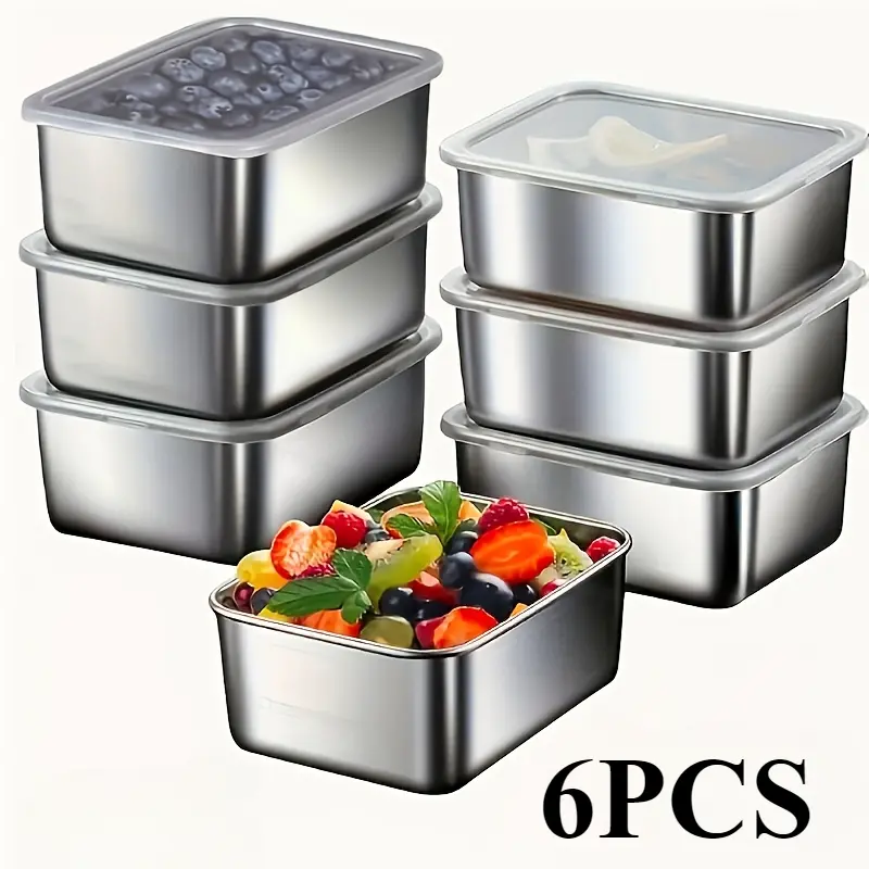 6-Piece Stainless Steel Food Storage Containers with Lids, Square Reusable Meal Prep Containers, Leak-Resistant, Stackable, BPA-Free, Dishwasher-Safe Metal Containers for Leftovers, Fruit, Snacks, Fridge, Pantry & Kitchen Organization
