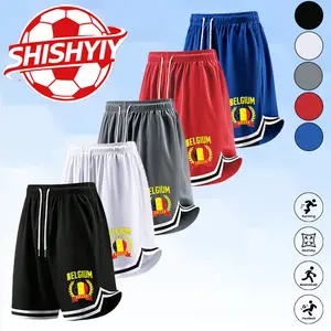 Men’s soccer print athletic shorts with elastic waistband and drawstring, quick-dry breathable fabric—ideal for workouts, running, basketball, football training, and casual sports.