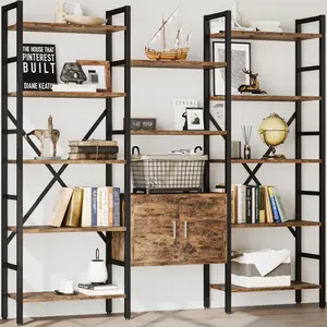 Industrial Bookshelf, 70"x 70" Large 5-Tier Triple Bookcase with Storage Cabinet, 14-Shelf Display Unit, Metal Frame Etagere Furniture for Living Room, Bedroom, Home Office Rustic Brown