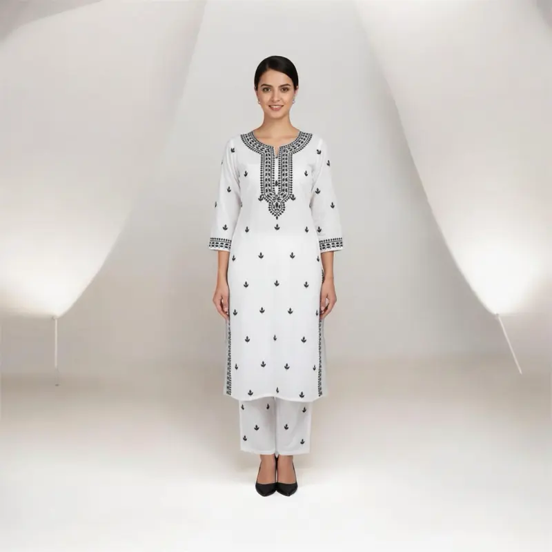Women's Regular Fit Rayon Fabric Chikankari Embroidered Cord Set, White with Black Embroidery, 3/4 Sleeves, Casual Wear Clothes