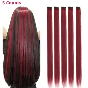 20 inch Colored Hair Long Straight Extensions, Halloween Cosplay Colorful Highlights Clip in Synthetic Hair Extensions, Burgundy Color Hairpieces for Girls Women Favor Gift, Christmas Decor