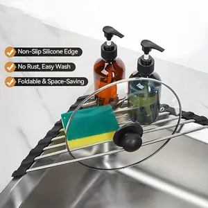 Foldable Space-Saving Bowl Rack, Adjustable Storage Shelf, Triangle Corner Sink Organizer with Drainage System, Compact Plastic Dishwasher for Small Spaces