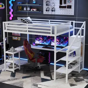 Queen Size Loft Bed with Desk and Wardrobe, Heavy-Duty Metal Loft Beds with Stairs & LED Lights, High Lofted Bed with Charging Station, Gaming Loft Tall Bed (White)