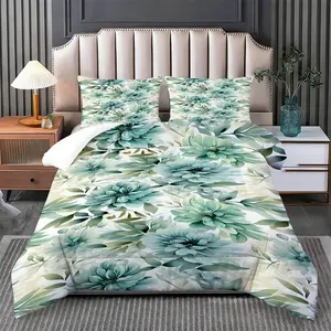 2/3 Pcs Green Floral Cluster Turquoise Bedding Comforter Set, Soft Bedding Sets, Includes Lightweight Comforter & 1/2 Pillowcases(no filler), Soft Skin-friendly All-season, Fits Youth Forest Apartment/Outdoor Lover Shared House