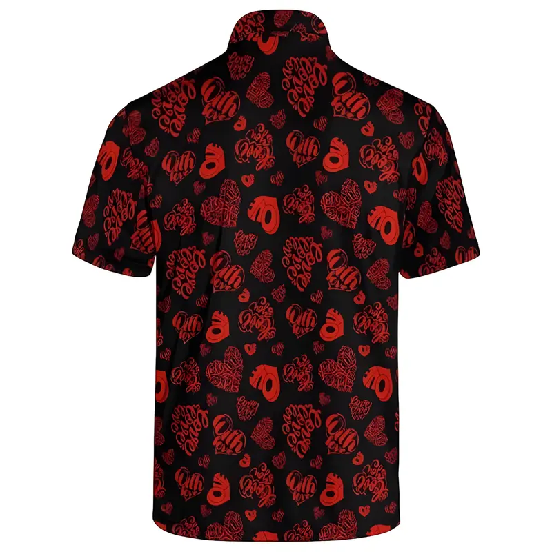 Black Club Polo In Red Heart Love Print Patterns, Mens Red Color Heart Golf Polo Short Sleeve Shirt