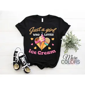 Women's ice cream lover Graphic T-Shirt - Short Sleeve Crew Neck Regular Fit Casual Wear | Soft & Breathable Fabric, Durable Print, Everyday Comfort, Machine Washable, casual and playful flat lay product display with sneakers and greenery