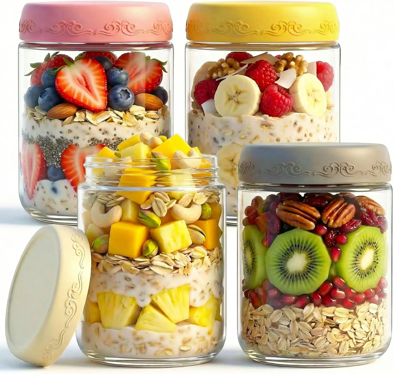 16 oz 4-Pack Eco-Friendly Plastic-Free Kitchen Glass Food Jars Set - Airtight Leak-Proof Cap Canisters with Colored Silicone Dome Covers, Reusable Meal Prep Containers for Maintaining Freshness, Anti-Leak Jars for Breakfast Yogurt Parfait, Food Jar