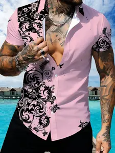 Pink Printed Men's Short Sleeve Shirt, Fashion Slim Fit Design, Summer Trendy Men's Top