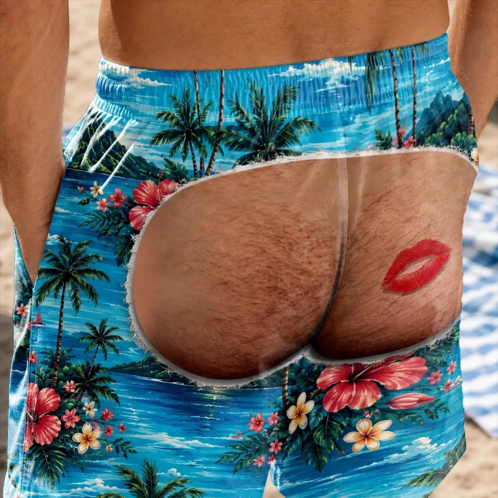 Funny Men’s Swim Trunks, HG  Fake Butt Beach Shorts, Personalized Birthday Gag Gift for Him