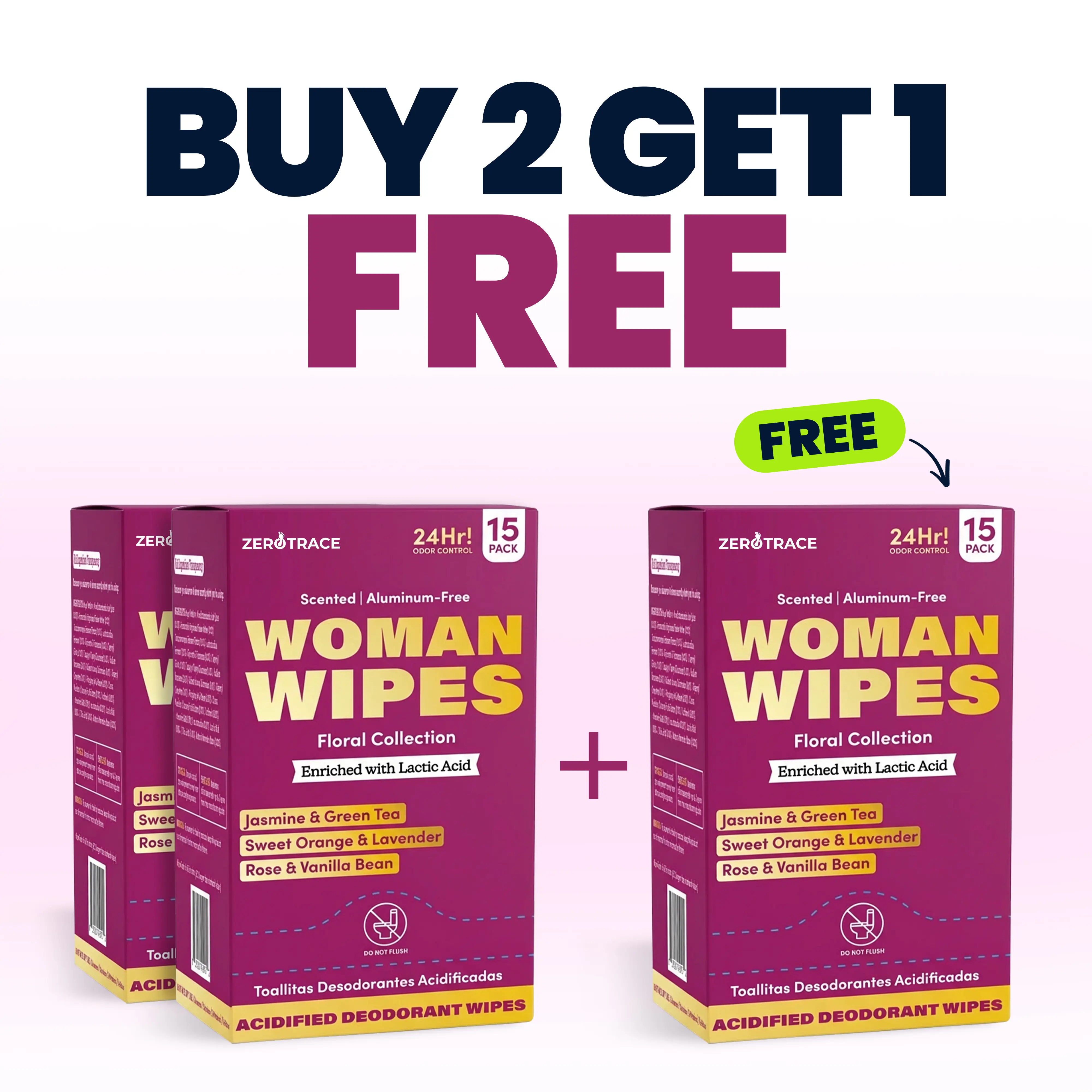 Deodorant Wipes for Women, 15 Individually Wrapped pH-Balanced Underarm & Body Wipes with Lactic Acid, Aluminum-Free Floral Travel Wipes