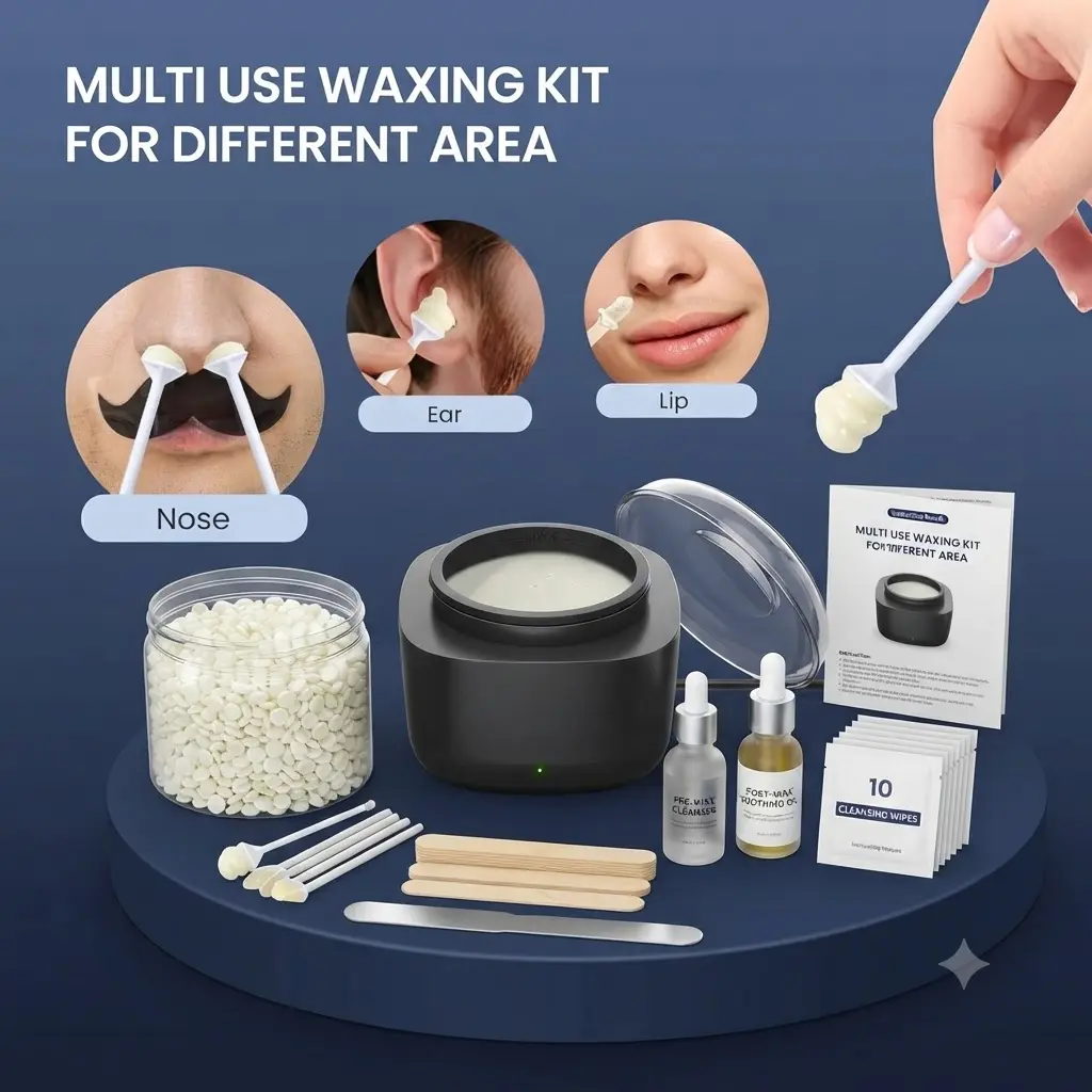 1-in-1 Professional Nose, Ear & Facial Wax Kit - Painless Fast-Melting Wax Heater, Mustache Stencils & Post-Care Wipes for Men & Women Body Care Salon Use