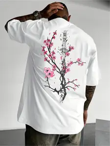 Men's Cherry Blossom Samurai Sword Print Short-Sleeve T-Shirt, European and American Trendy Japanese Cherry Blossom Tree and Sword Pattern Loose Top, Summer Street Style Unique Oriental Style Round Neck Short-Sleeve Shirt, Men's Casual T-Shirt