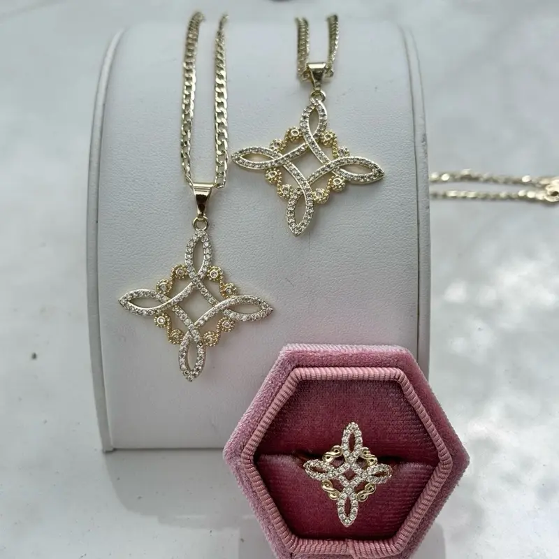 Nudo de Bruja Witches Knot Necklace and Ring Gold Plated with Decorative Pendant and Chain