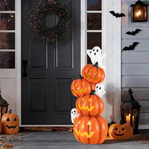 Glitzhome 34.75"H Halloween MGO Lighted Stacked Jack-O-Lantern & Ghost Porch Decor w/Timer