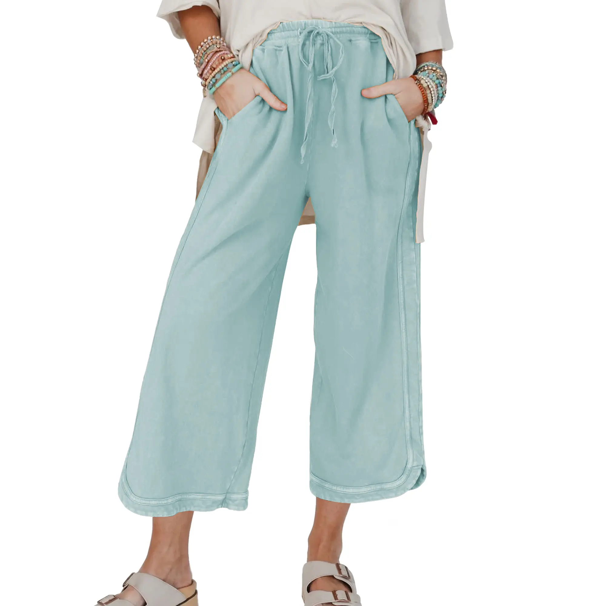 Hixiaohe Women's Comfortable Elastic Wide-Leg Sweatpants - High-Waisted Washed Denim, Casual Drawstring Cropped 1-Piece Pants with Pockets for Beach, Outdoor Use, Adjustable, Fit, Fabric, Drawstring Sweatpants Pants, High-Waisted Pants, Fluid Pants