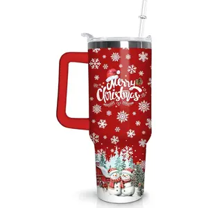 Christmas Tumbler 40 oz Christmas Tumblers with Handle and Straw Farmhouse Red Snowman Stainless Steel Insulated Coffee Cups Mugs Christmas Gifts Stuff Decor for Women Girls